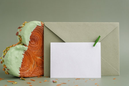 White empty mock up template paper note card Delicious fresh croissant topped with Matcha Green Tea flavor Ganache. Creation unique heart shape bakery. Puff pastry holiday love gift present idea Valentines dayの写真素材