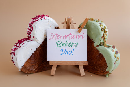 International bakery day celebration Heart shaped different variety flavor croissants on beige background with copy space. Puff pastry new trendy sweet dessert bakery. Creamy doughの写真素材