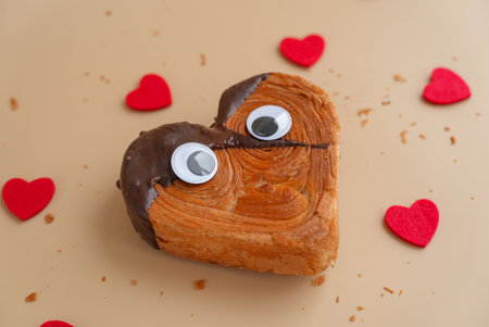 Funny food game face with crazy eyes April fool day joke Delightful and vibrant heartshaped pastry croissant treat, beautifully topped with colorful frosting galore. Food experimentation dessert creative baking trendの写真素材