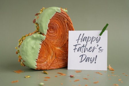 FATHERS day holiday card Delightful and vibrant heartshaped pastry croissant treat, beautifully topped with colorful frosting nut galore. Mock up template copy space. Food experimentation viral dessert creativeの写真素材