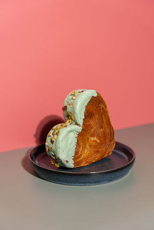 Isometric style greeting card Valentines Day Delicious fresh croissant topped with colorful flavor Ganache. Creation unique heart shape bakery. Puff pastry holiday love gift present ideaの写真素材