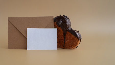Mock up template paper note card Heart shaped dark chocolate croissant on beige background with copy...