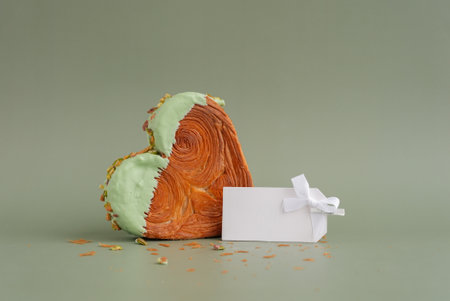 Empty paper note template mock up. Heart shaped pistachio croissant on green background with copy...