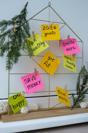 Vision board with 2026 new year resolutions aims goals on sticky notes. Preparation for New Year. Planning and setting goals for personal developmentの写真素材