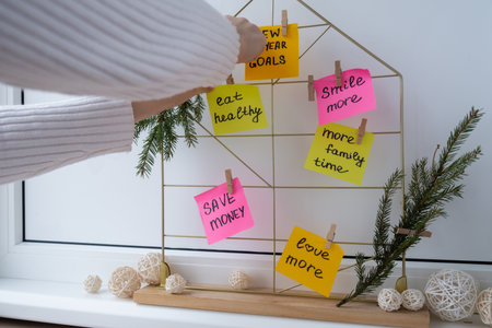 Woman creating dream board promises and aims. Preparation for new year new life new me. Visualizing...