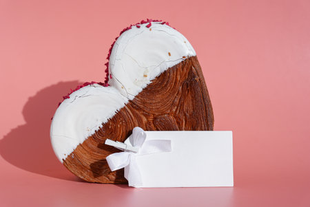 Empty template paper note mockup Heart shaped white chocolate croissant on pink background with copy...