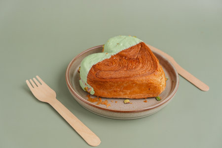 Heart shaped pistachio croissant on plate with recycled fork and knife on green background with copy space. Puff pastry new trendy sweet dessert bakery. Creamy dough experimentの写真素材