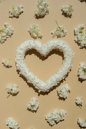 White lilac flowers heart shaped in pastel backdrop. Symbol of love floral arrangement. Spring concept idea Valentine's Day, wedding proposal postcard copy space for your textの写真素材