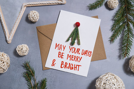 Christmas tree Sustainable Christmas preparation handmade greeting cards with envelope. Inclusive and responsible holidayの写真素材