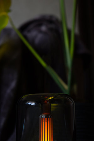 Indoors decoration with modern lighted air humidification aroma essential oil perfume fragrance. Scented home wellness wellbeing habit. Concept of feeling good spiritual healthの写真素材