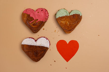 Creative ides Valentines Day flat lay top view Holiday celebration Heart shaped different variety...