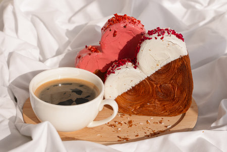 Morning Coffee breakfast in rumpled bedding bed with heartshaped pastry croissant treat. Food...