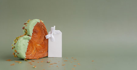 Empty paper note template mock up. Heart shaped pistachio croissant on green background with copy...