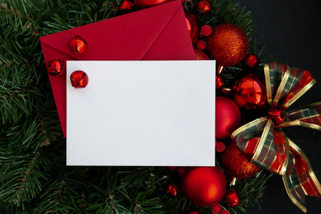 Copy space mock up template white paper sheet on postcard with envelope on handmade Christmas wreath. Zero waste eco-friendly Christmas. Sustainable greeting cardの写真素材