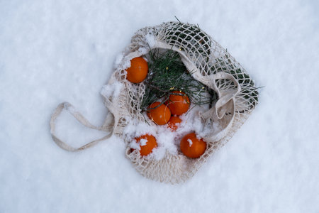 Mesh shopping bag with tangerines in snowy winter outdoor. Go green concept eco-friendly sustainable Christmas. Flat lay in snow background. Responsibleの写真素材