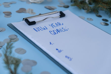 Handwritten promises and aims. Preparation for new year new life new me. Visualizing wish list for 2025. Dreams plan action resolutions for coming year. Inspirational self improvementの写真素材