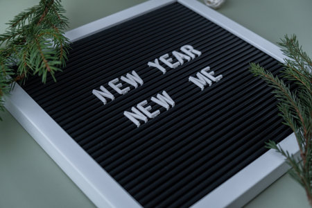 Letter board with inspirational message NEW YEAR NEW ME with fir branches on pastel background....