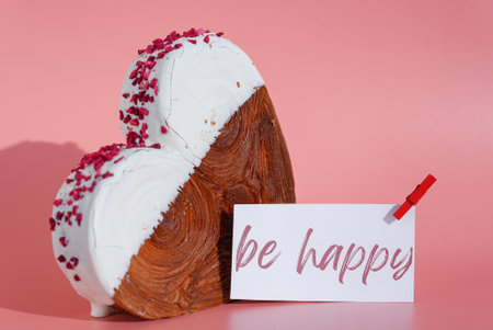 Happiness words on paper note greeting card Delicious fresh croissant topped with colorful flavor Ganache. Creation unique heart shape bakery. Puff pastry holiday love gift present idea Valentines dayの写真素材