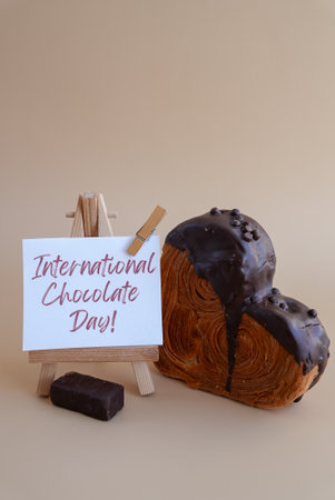 International Chocolate day saying caption on greeting card Delightful heartshaped pastry croissant treat, beautifully topped with colorful frosting galore. Copy space. Food experimentation viral dessert creative baking trendの写真素材