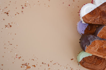 Valentines Day Birthday holiday present gift idea Coffee cappuccino latte beverage drink Morning breakfast Holiday birthday anniversary shiny candle sparkler on cake Delightful and vibrant heartshaped pastry croissant treat, beautifully topped with colorful frosting galore. Food experimentation dessert creative baking trendの写真素材