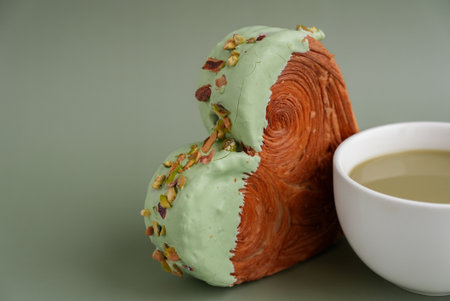Drink beverage coffee cappuccino latte Delicious fresh croissant topped with Matcha Green Tea flavor Ganache. Creation unique heart shape bakery. Puff pastry holiday love gift present idea Valentines dayの写真素材