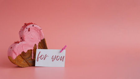 FOR YOU message on paper note greeting card Delicious fresh croissant topped with colorful flavor Ganache. Creation unique heart shape bakery. Puff pastry holiday love gift present idea Valentines dayの写真素材