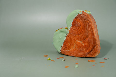 Heart shaped pistachio croissant on green background with copy space. Puff pastry trendy sweet dessert bakery. Creamy dough experimentの写真素材