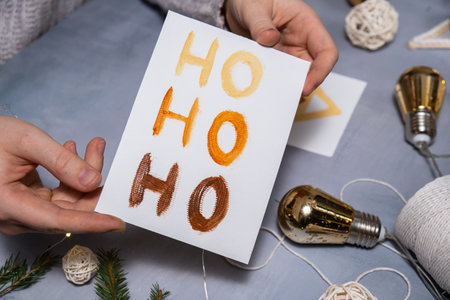 Sustainable Christmas preparation Diy process of making handmade greeting cards. Step by step activity for children. Inclusive and responsible stress relief holiday hobbyの写真素材