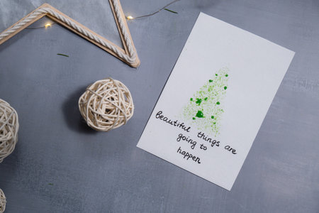 Christmas tree Storytelling of creating craft Christmas greeting card holiday present. Tactile hand-on activity. Master class progress of creative me-made gifts. Seasonal domestic life micro moment hobby.の写真素材