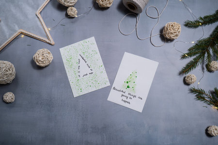 Christmas tree Sustainable Christmas preparation Diy process of making handmade greeting cards. Step by step activity for children. Inclusive and responsible stress relief holiday hobbyの写真素材