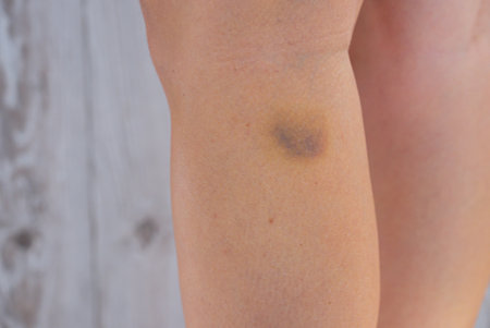 Unrecognizable woman with bruise on her leg. Close up of stain bruise on leg. Healing injury...