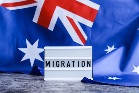 Message MIGRATION on background of Australian flag made from silk. Australia national flag with concept of tourism and traveling. welcomingの写真素材