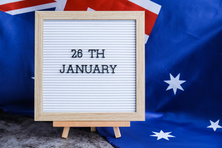 Letterboard with text 26th JANUARY national day promotions. Trendy patriotic mockup with date emphasis Australian flagの写真素材