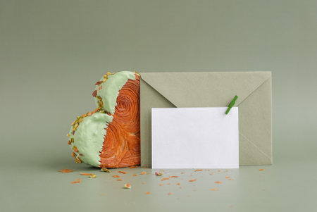 Delightful and vibrant heartshaped pastry croissant treat, beautifully topped with colorful frosting nut galore. Mock up template copy space.の写真素材