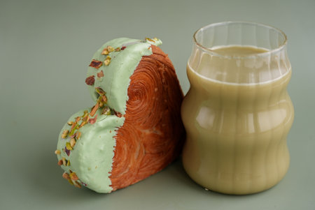 Green tea Matcha latte cappuccino beverage Morning breakfast gift idea Heart shaped pistachio...