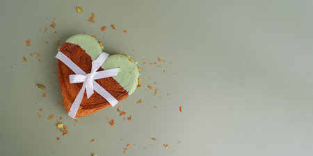 Present gift ribbon Delicious fresh croissant topped with Matcha Green Tea flavor Ganache. Creation unique heart shape bakery. Puff pastry holiday love symbol idea Valentines dayの写真素材