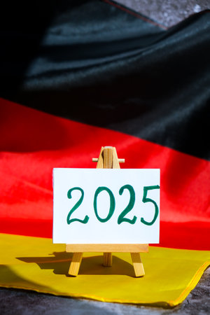 Paper note with text 2025 on National symbol of Germany. German wave silky flag background. Financial outlook planning, new year annual reportの写真素材