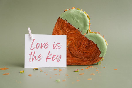 LOVE IS THE KEY text on paper note. Morning card Valentines day gift present Heart shaped pistachio croissant on green background with copy space. Puff pastry trendy sweet dessert bakery. Creamy dough experimentの写真素材