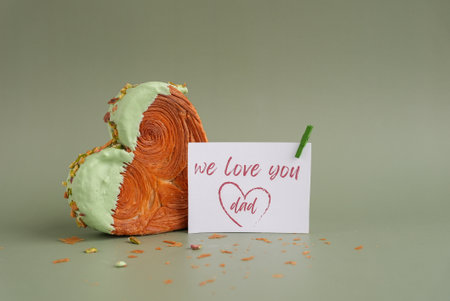 FATHERS day holiday card Delightful and vibrant heartshaped pastry croissant treat, beautifully topped with colorful frosting nut galore. Mock up template copy space. Food experimentation viral dessert creativeの写真素材