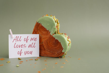 ALL OF ME LOVES ALL OF YOU caption saying in greeting card Delicious fresh croissant topped with Matcha Green Tea flavor Ganache. Creation unique heart shape bakery. Puff pastry holiday love gift present idea Valentines dayの写真素材