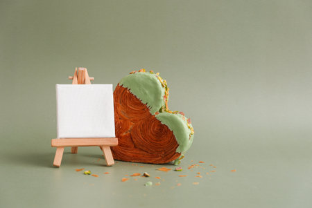 Delightful and vibrant heartshaped pastry croissant treat, beautifully topped with colorful frosting nut galore. Mock up template copy space.の写真素材