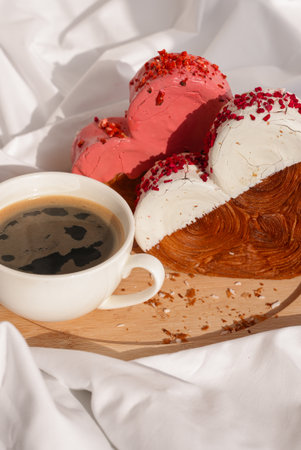 Morning breakfast coffee wooden tray bed rumpled bedding Valentines Day Birthday celebration...