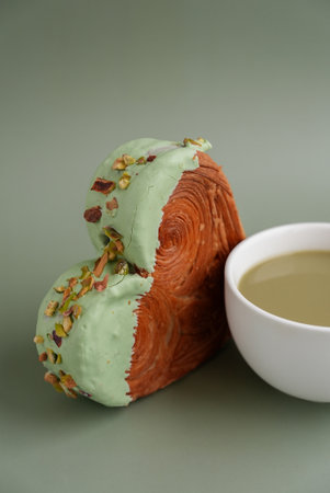 Nutrient-rich matcha drink with Green latte Matcha tea coffee with Delightful and vibrant heartshaped pastry croissant treat, beautifully topped with colorful frosting nut galore. Mock up template copy space. Food experimentation viral dessert creativeの写真素材