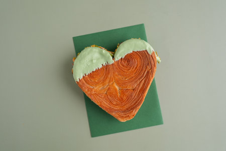 Heart shaped pistachio croissant on green background with copy space. Puff pastry trendy sweet dessert bakery. Creamy dough experimentの写真素材