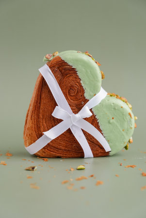 Present gift ribbon Delicious fresh croissant topped with Matcha Green Tea flavor Ganache. Creation...