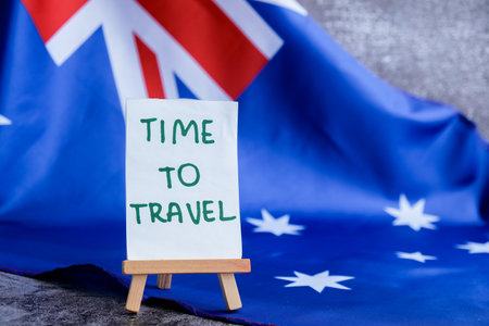 Australian flag and text TIME TO TRAVEL perfect for tourism or vacation advertising. Concept of...