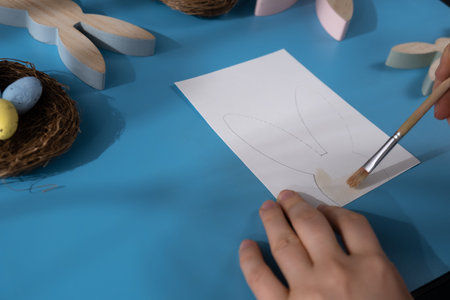 Drawing Easter rabbit bunny HOLD THE EARS STIFF humor saying Storytelling of creating craft Easter greeting card holiday present. Tactile hand-on activity. Master class progress of creative me-made gifts. Seasonal domestic life micro moment hobbyの写真素材