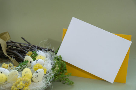 Template mock up of envelope postcard holiday greeting card Handmade Easter wreath made of...