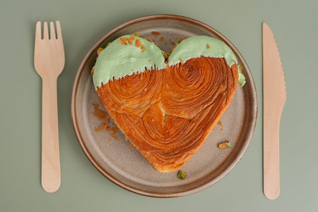 Plate with Delightful and vibrant heartshaped pastry croissant treat, beautifully topped with colorful frosting nut galore. Mock up template copy space. Food experimentation viral dessert creative