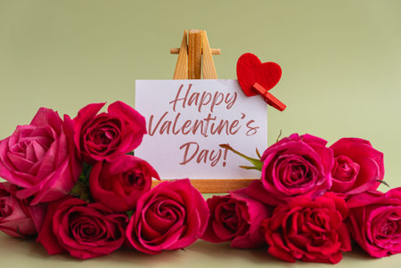 Happy Valentines Day Card on Wooden Easel with Pink Roses and Red Hearts